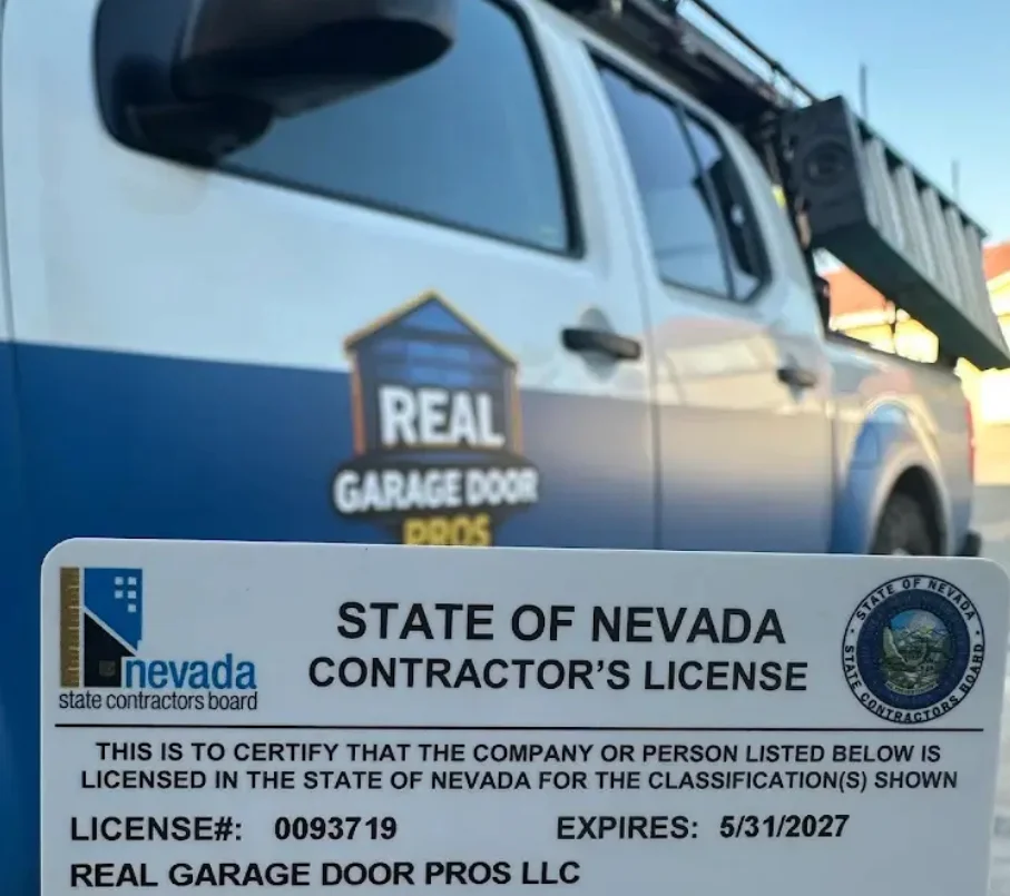 Nevada State Contractor's License #0093719 for Real Garage Door Pros LLC shown in front of branded service truck